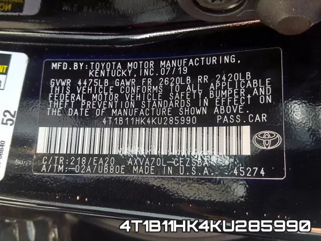 4T1B11HK4KU285990 фото 2
