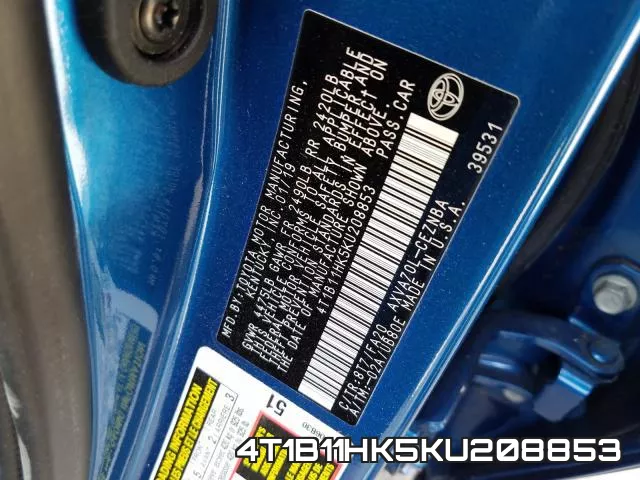 4T1B11HK5KU208853 фото 2