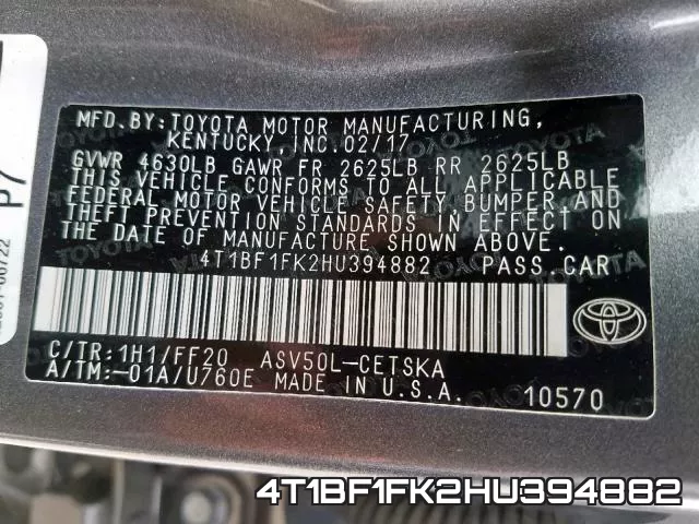 4T1BF1FK2HU394882 фото 2