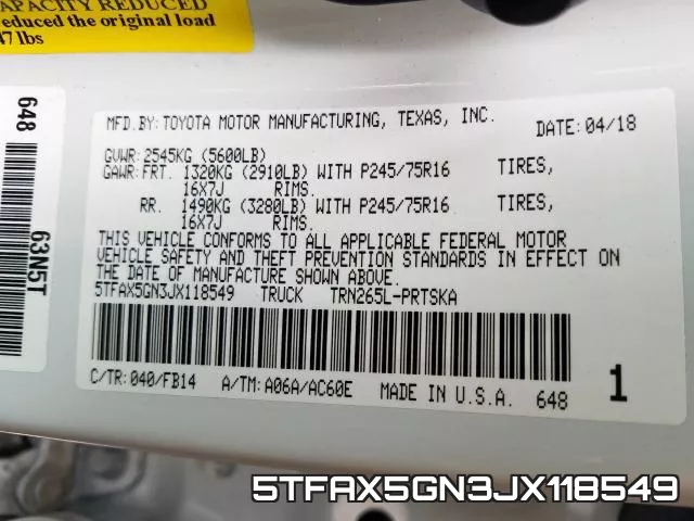 5TFAX5GN3JX118549 фото 2