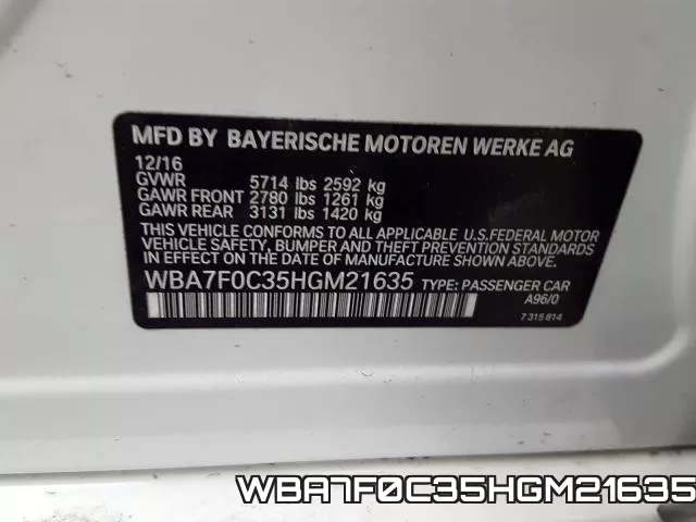 WBA7F0C35HGM21635 фото 2