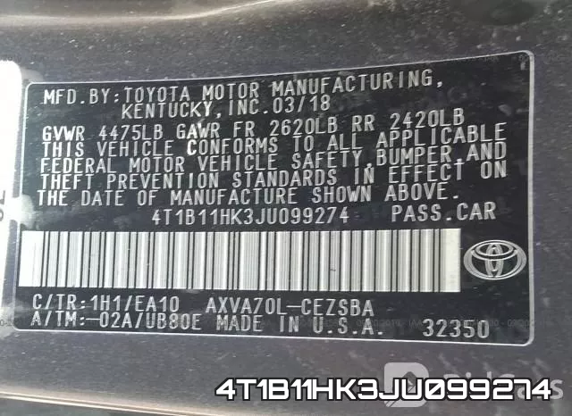 4T1B11HK3JU099274 фото 10