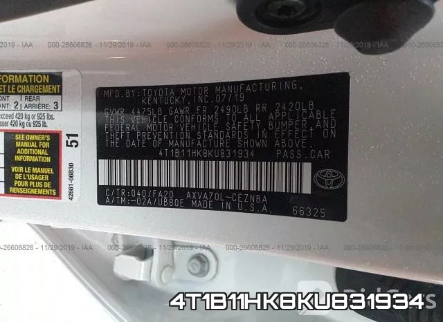 4T1B11HK8KU831934 фото 10