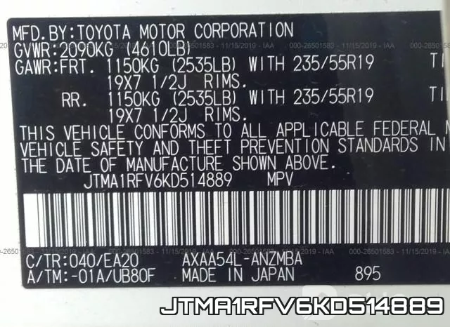 JTMA1RFV6KD514889 фото 10