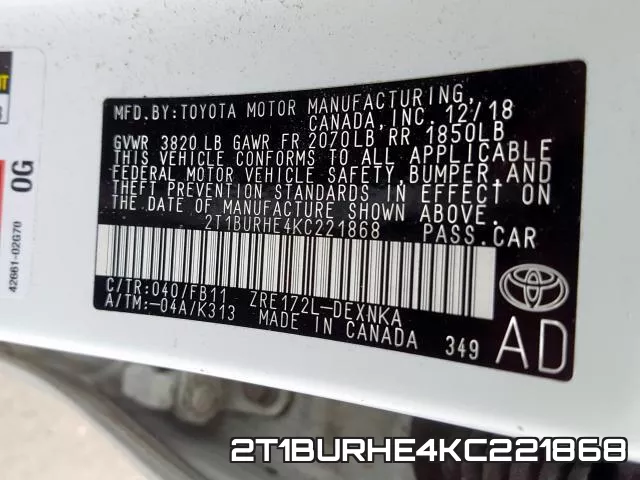 2T1BURHE4KC221868 фото 2