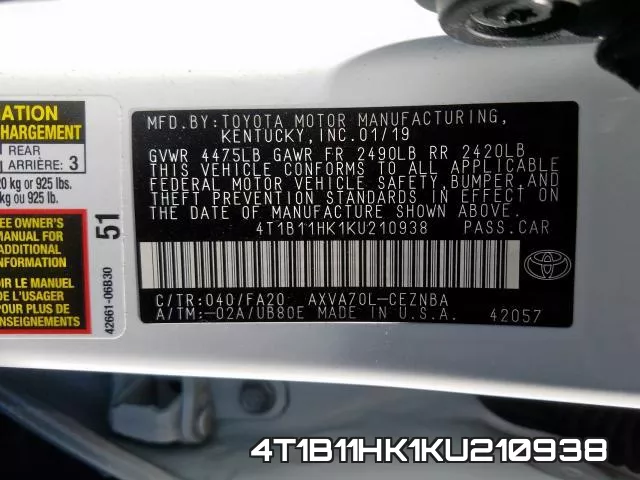4T1B11HK1KU210938 фото 2