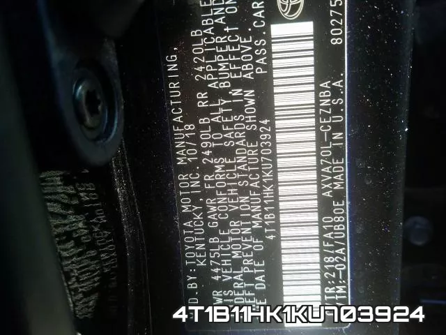 4T1B11HK1KU703924 фото 2
