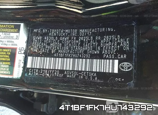 4T1BF1FK7HU743292 фото 10