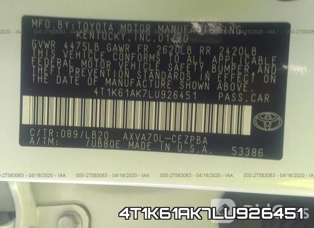 4T1K61AK7LU926451 фото 10