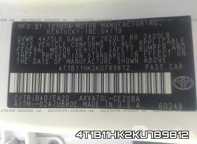4T1B11HK2KU789812 фото 10