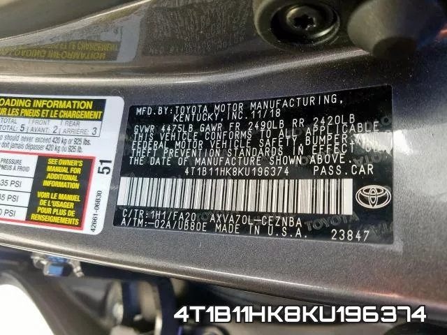 4T1B11HK8KU196374 фото 2
