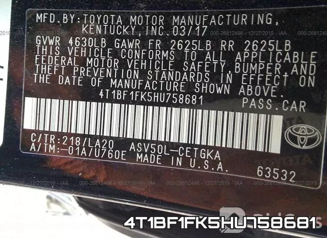 4T1BF1FK5HU758681 фото 10