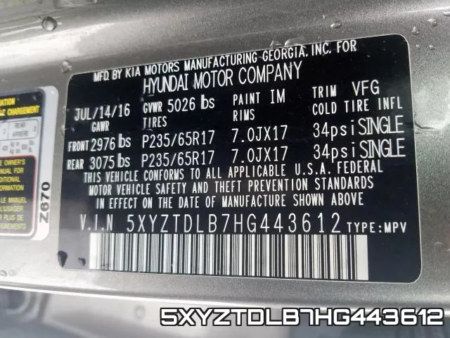 5XYZTDLB7HG443612 фото 2
