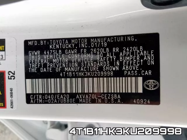 4T1B11HK3KU209998 фото 2