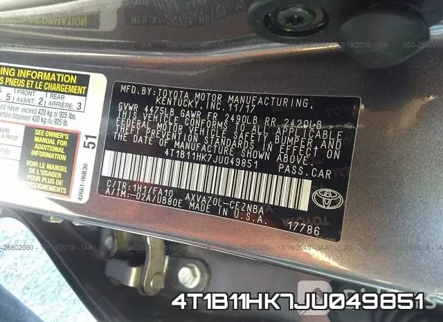 4T1B11HK7JU049851 фото 10