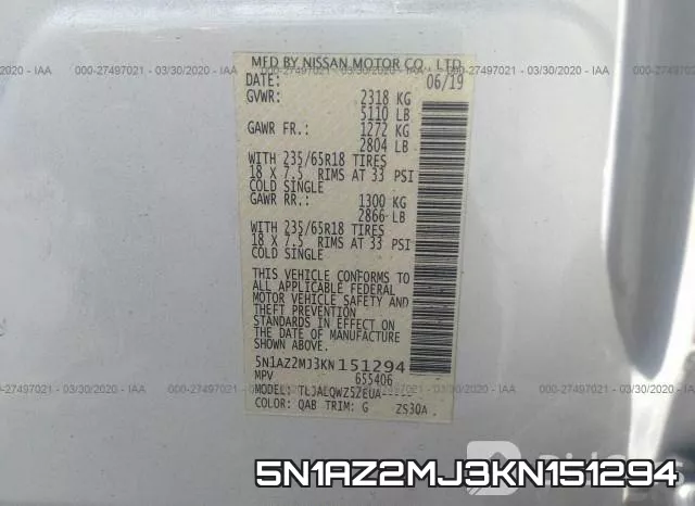 5N1AZ2MJ3KN151294 фото 10