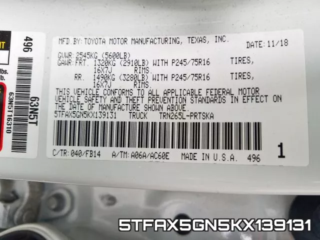 5TFAX5GN5KX139131 фото 2