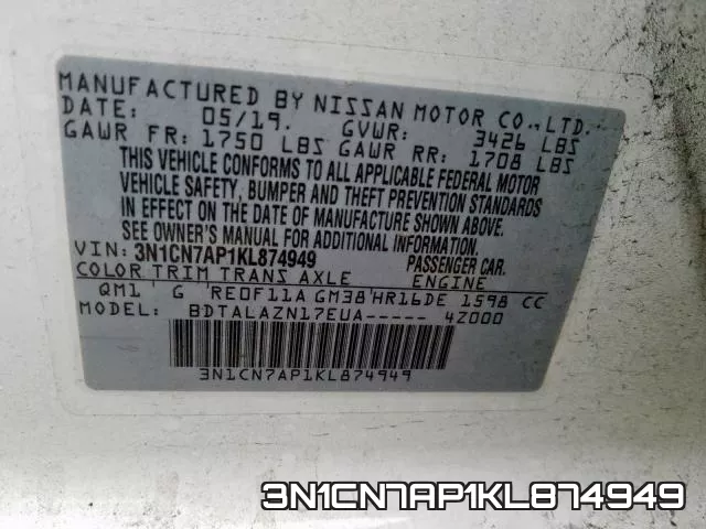 3N1CN7AP1KL874949 фото 2