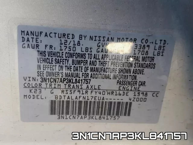 3N1CN7AP3KL841757 фото 2