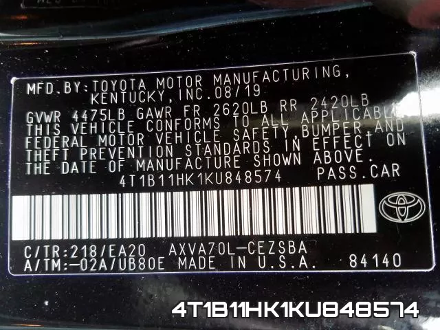 4T1B11HK1KU848574 фото 2