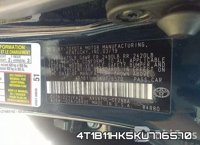 4T1B11HK5KU776570 фото 10