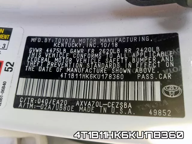 4T1B11HK6KU178360 фото 2