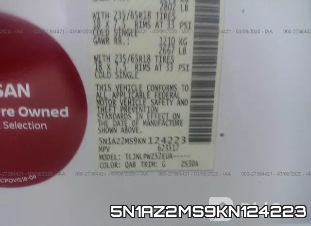 5N1AZ2MS9KN124223 фото 10