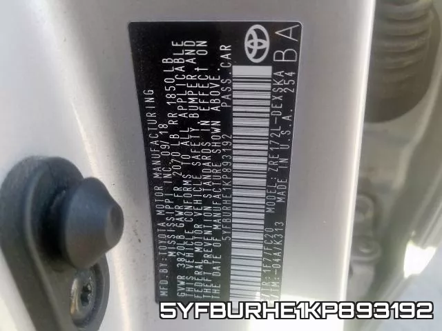 5YFBURHE1KP893192 фото 2