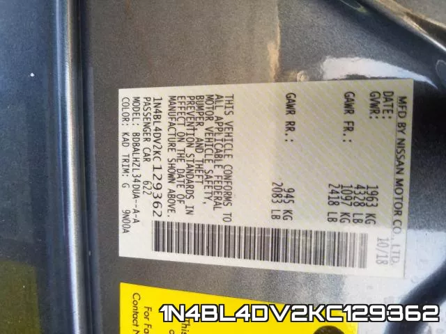 1N4BL4DV2KC129362 фото 2