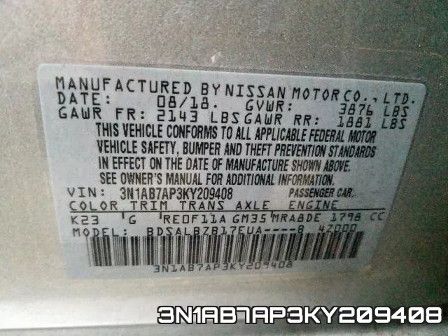 3N1AB7AP3KY209408 фото 2