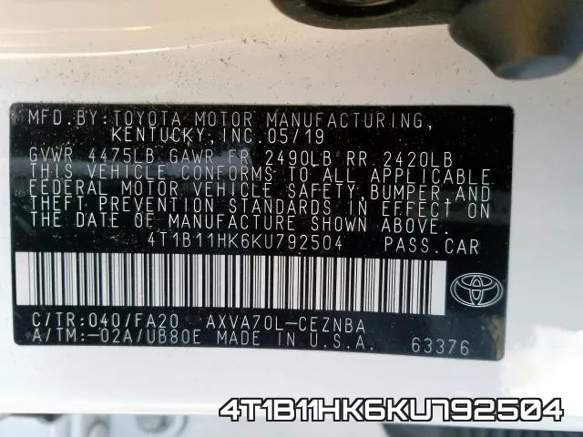 4T1B11HK6KU792504 фото 2