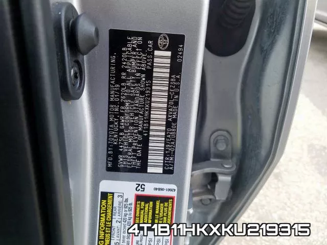 4T1B11HKXKU219315 фото 2