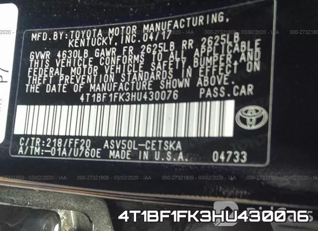 4T1BF1FK3HU430076 фото 10