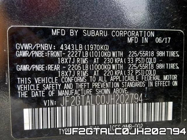 JF2GTALC0JH202794 фото 2