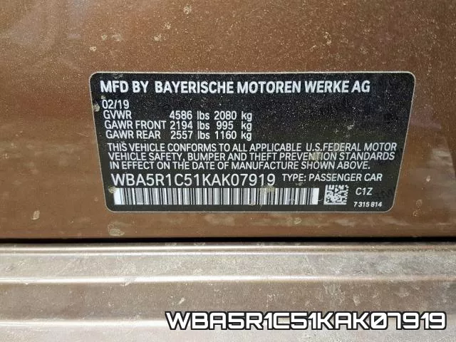 WBA5R1C51KAK07919 фото 2
