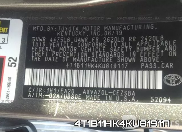 4T1B11HK4KU819117 фото 10