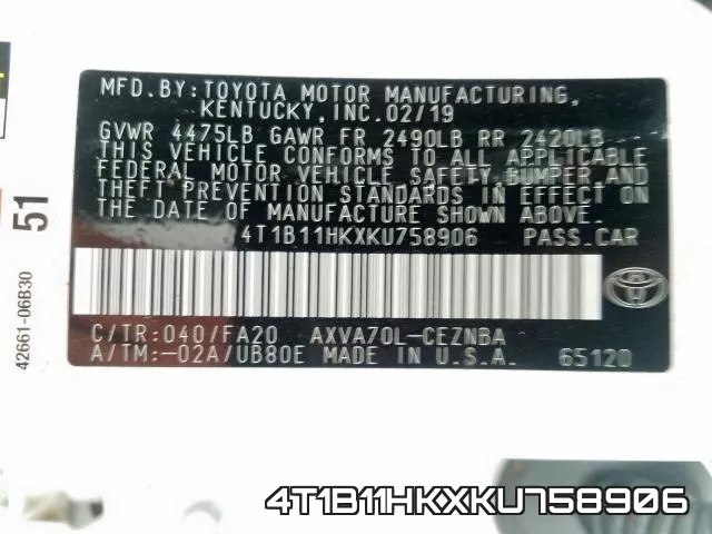 4T1B11HKXKU758906 фото 2