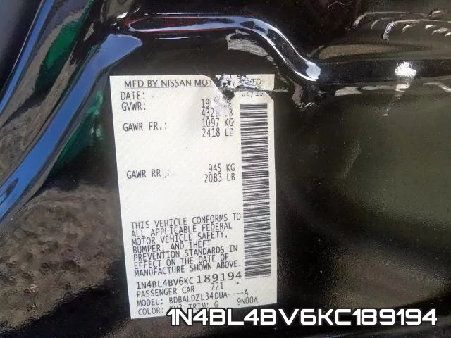 1N4BL4BV6KC189194 фото 2