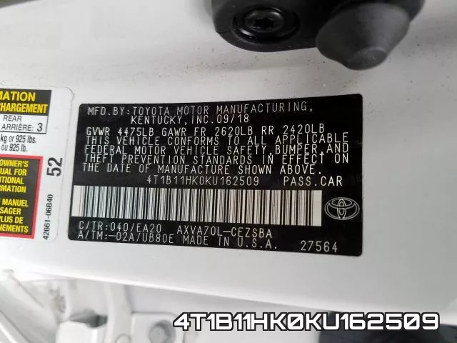 4T1B11HK0KU162509 фото 2