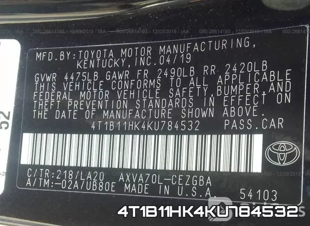 4T1B11HK4KU784532 фото 10