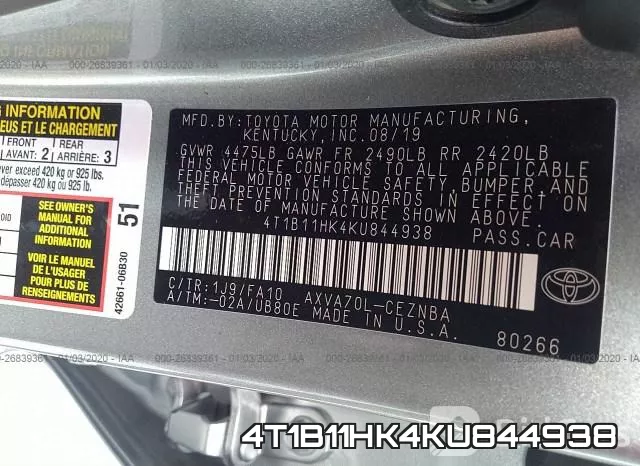 4T1B11HK4KU844938 фото 10