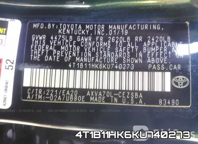 4T1B11HK6KU740273 фото 10