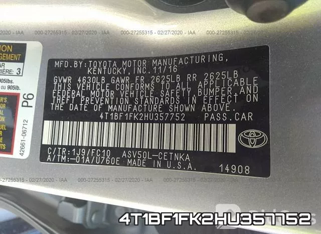 4T1BF1FK2HU357752 фото 10