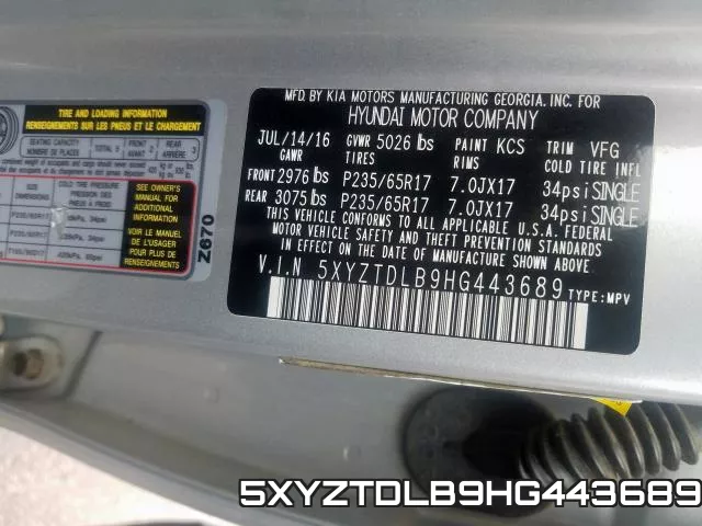 5XYZTDLB9HG443689 фото 2