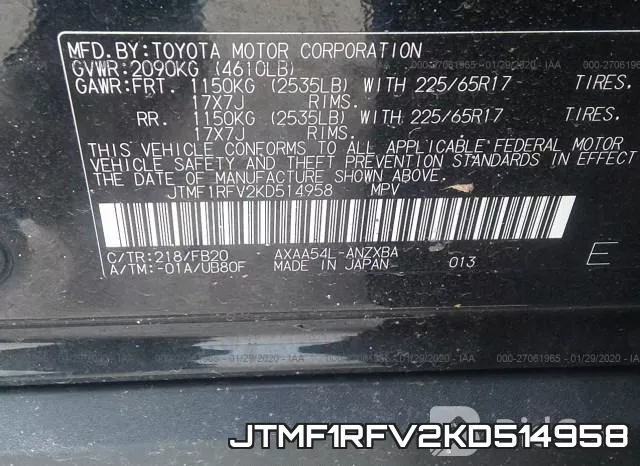 JTMF1RFV2KD514958 фото 10