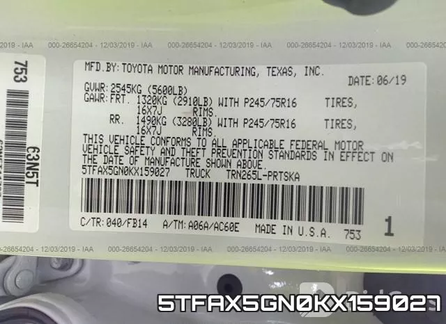 5TFAX5GN0KX159027 фото 10