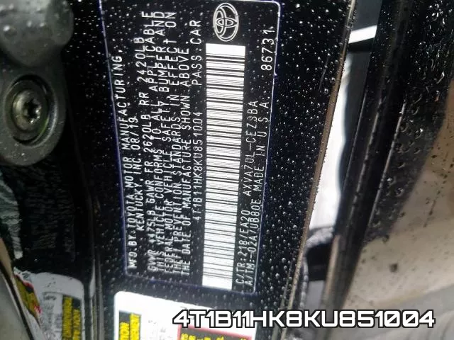 4T1B11HK8KU851004 фото 2