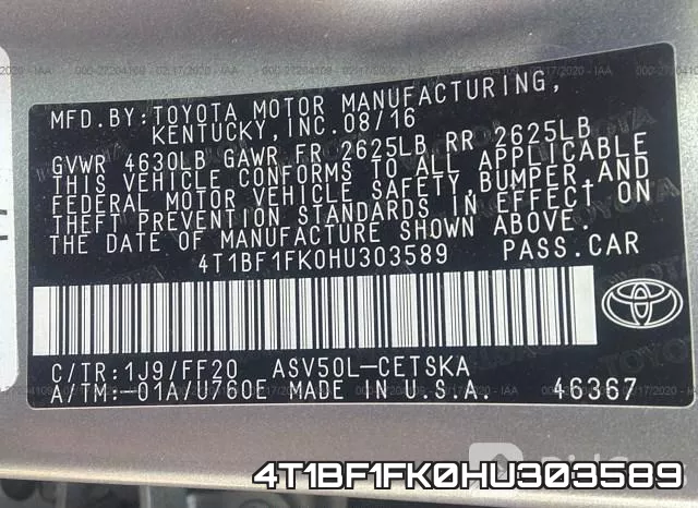 4T1BF1FK0HU303589 фото 10
