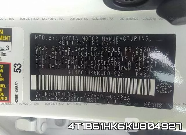 4T1B61HK6KU804927 фото 10