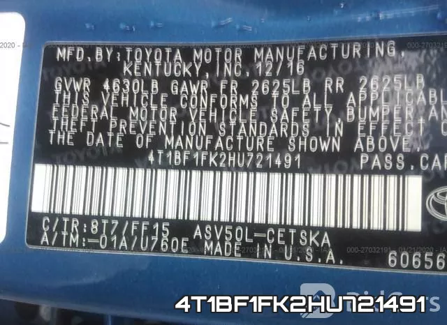 4T1BF1FK2HU721491 фото 10